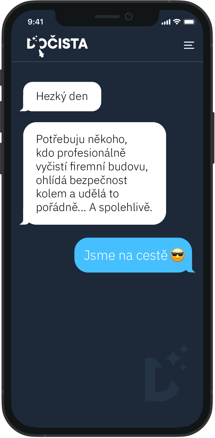 Smartphone screen showing a chat conversation in Czech where a customer requests professional cleaning and security for a company building, and the service replies they are on the way with a sunglasses emoji.